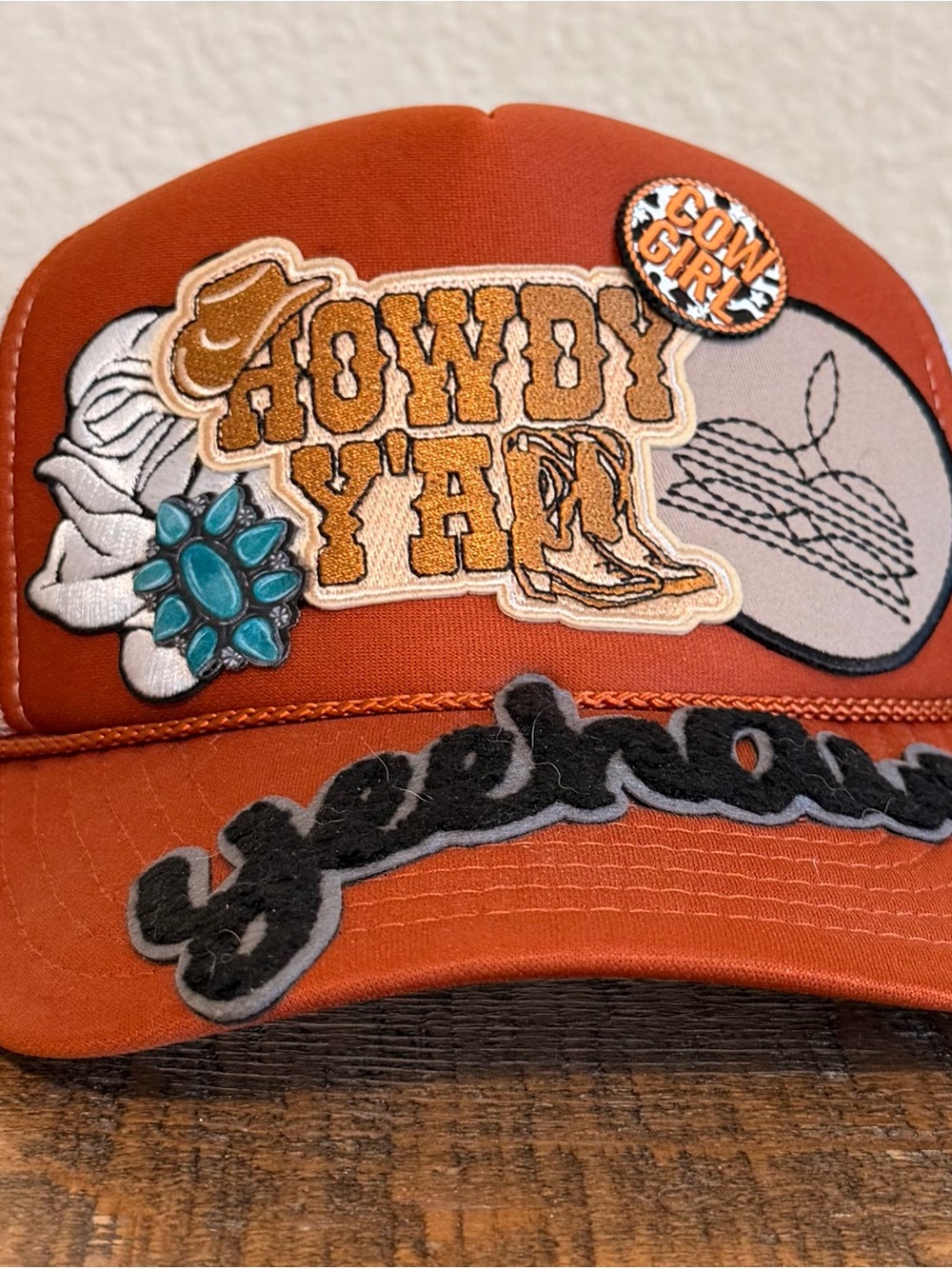 Howdy Y'all Yeehaw Cow Girl Orange Trucker Hat with Embroidered Patches
